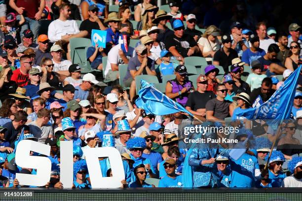 Strikers fans show their support during the Big Bash League Final match between the Adelaide Strikers and the Hobart Hurricanes at Adelaide Oval on...