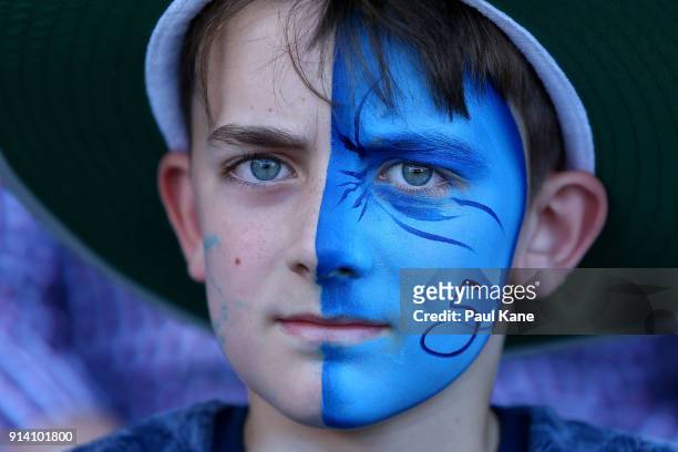 Young Strikers fan shows his support during the Big Bash League Final match between the Adelaide Strikers and the Hobart Hurricanes at Adelaide Oval...