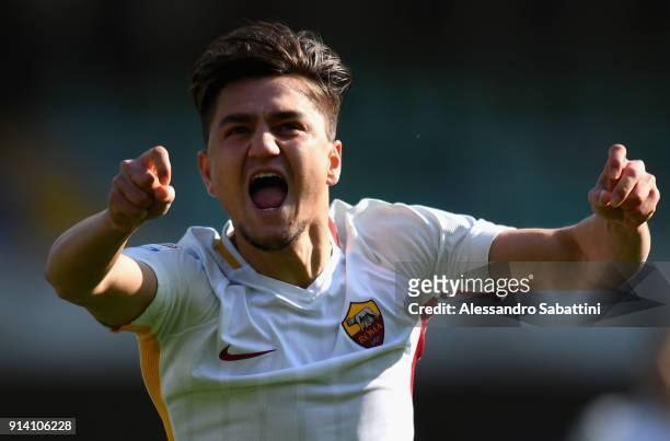 Cengiz Under of AS Roma celebrates after scoring the opening goal during the serie A match between Hellas Verona FC and AS Roma at Stadio...