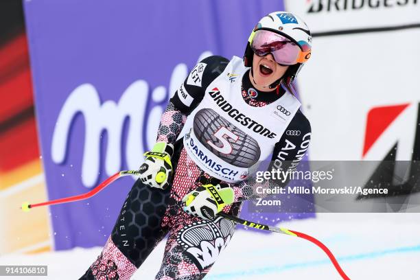 Tina Weirather of Liechtenstein takes 3rd place during the Audi FIS Alpine Ski World Cup Women's Downhill on February 4, 2018 in...