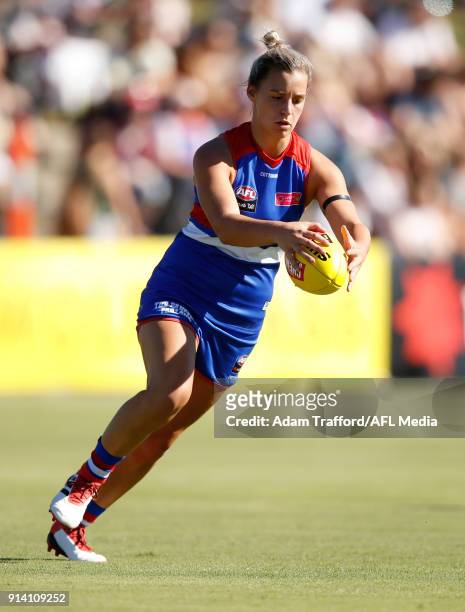 Deanna Berry of the Bulldogs in action during the 2018 AFLW Round 01 match between the Western Bulldogs and the Fremantle Dockers at VU Whitten Oval...