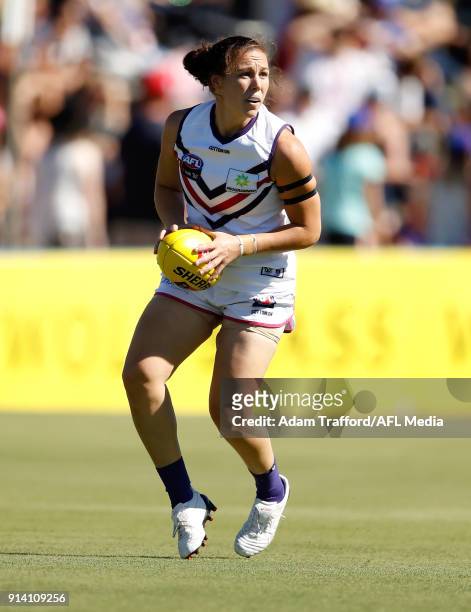 Ashlee Atkins of the Dockers in action during the 2018 AFLW Round 01 match between the Western Bulldogs and the Fremantle Dockers at VU Whitten Oval...