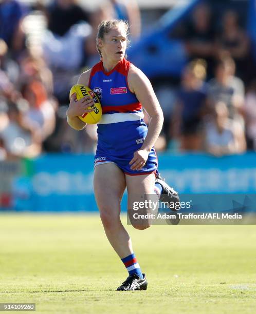 Aisling Utri of the Bulldogs in action during the 2018 AFLW Round 01 match between the Western Bulldogs and the Fremantle Dockers at VU Whitten Oval...