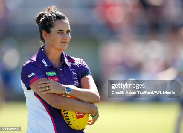 Michelle Cowan, Senior Coach of the Dockers looks on during the 2018 AFLW Round 01 match between the Western Bulldogs and the Fremantle Dockers at VU...