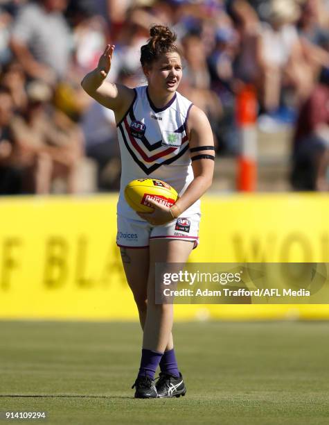 Lara Filocamo of the Dockers in action during the 2018 AFLW Round 01 match between the Western Bulldogs and the Fremantle Dockers at VU Whitten Oval...