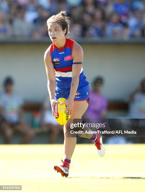 Ellie Blackburn of the Bulldogs in action during the 2018 AFLW Round 01 match between the Western Bulldogs and the Fremantle Dockers at VU Whitten...