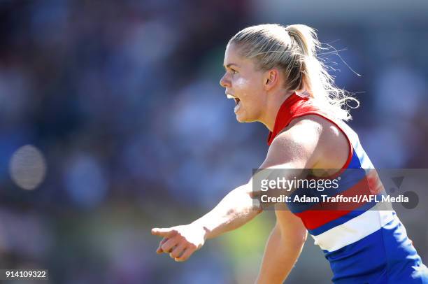 Katie Brennan of the Bulldogs calls for The ball during the 2018 AFLW Round 01 match between the Western Bulldogs and the Fremantle Dockers at VU...