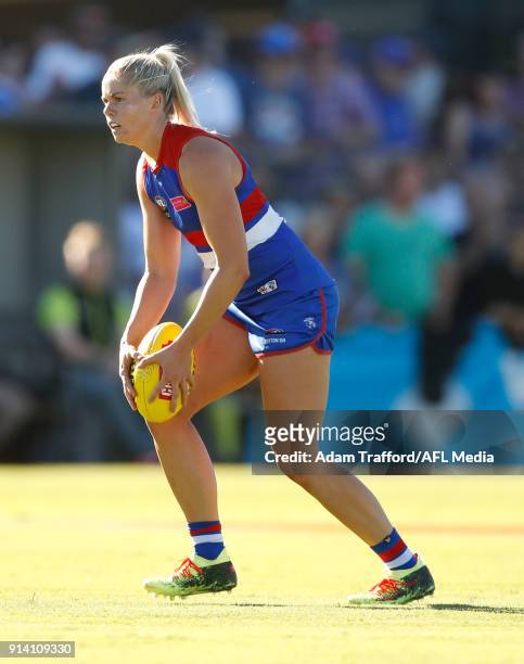 Katie Brennan of the Bulldogs in action during the 2018 AFLW Round 01 match between the Western Bulldogs and the Fremantle Dockers at VU Whitten Oval...