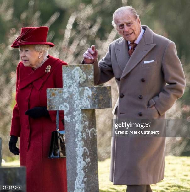 Queen Elizabeth II and Prince Philip, Duke of Edinburgh attend Sunday Service at St Peter and St Paul Church in West Newton on February 4, 2018 in...