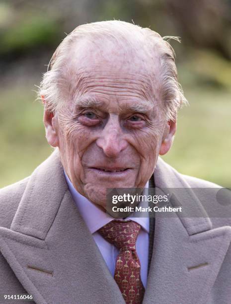 Prince Philip, Duke of Edinburgh attends Sunday Service at St Peter and St Paul Church in West Newton on February 4, 2018 in King's Lynn, United...