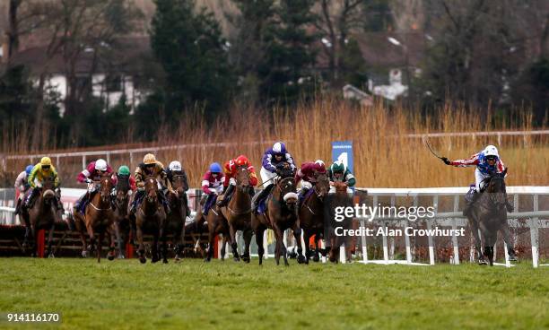 Robbie Power riding Alletrix win The Irish Stallion Farms EBF Paddy Mullins Mares Handicap Hurdle at Leopardstown racecourse on February 4, 2018 in...