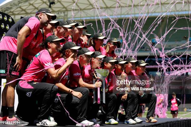 The Sixers celebrate after winning the Women's Big Bash League final match between the Sydney Sixers and the Perth Scorchers at Adelaide Oval on...