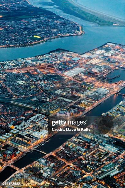 twilight aerial view of dublin, ireland - dublin aerial stock pictures, royalty-free photos & images