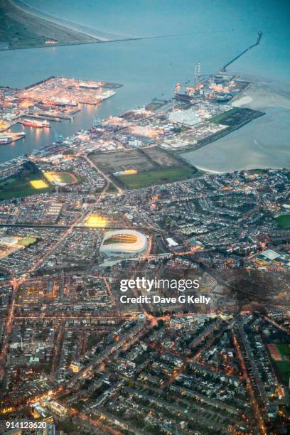 twilight aerial view of dublin, ireland - dublin aerial stock pictures, royalty-free photos & images