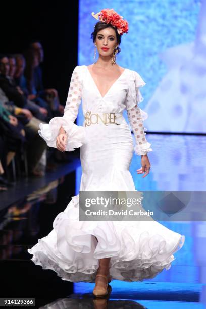 Noelia Lopez walks the runway wearing designs by Pilar Rubio during day three of Simof 2018 on February 3, 2018 in Seville, Spain.