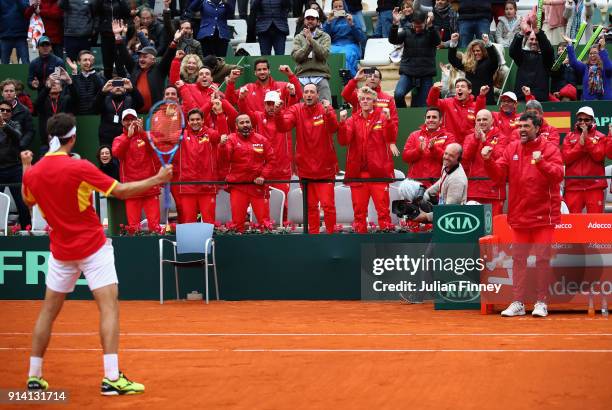 Albert Ramos-Vinolas of Spain celebrates in front of his team after he defeated Cameron Norrie of Great Britain in four sets during day three of the...