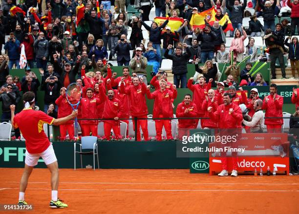 Albert Ramos-Vinolas of Spain celebrates in front of his team after he defeated Cameron Norrie of Great Britain in four sets during day three of the...