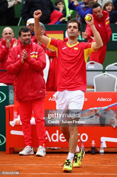 Albert Ramos-Vinolas of Spain celebrates in front of his team after he defeated Cameron Norrie of Great Britain in four sets during day three of the...