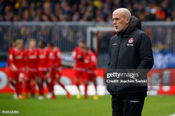 The Team and Coach Michael Frontzeck of Kaiserslautern celebrate the Goal 0:2 during the Second Bundesliga match between Eintracht Braunschweig and...