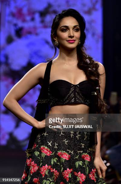 Indian Bollywood actress Kiara Advani showcases a creation by designer Julie Shah at the Lakmé Fashion Week Summer Resort 2018 in Mumbai on February...