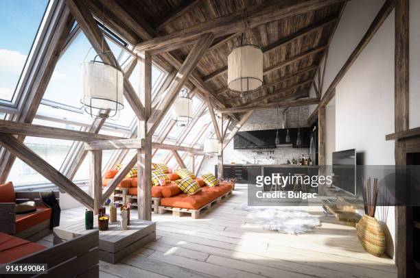 cozy scandinavian attic loft interior scene - loft stock pictures, royalty-free photos & images