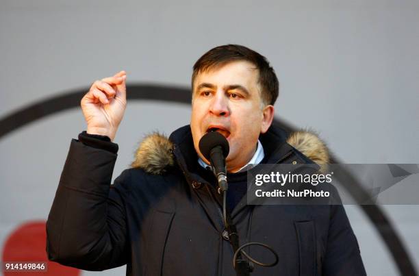Former Georgian President and Ukrainian opposition figure Mikheil Saakashvili speaks during a protest with demand the impeachment of President in...