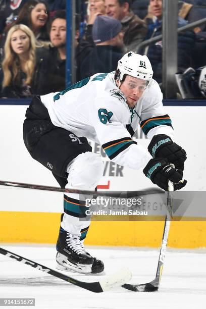 Justin Braun of the San Jose Sharks skates against the Columbus Blue Jackets on February 2, 2018 at Nationwide Arena in Columbus, Ohio.