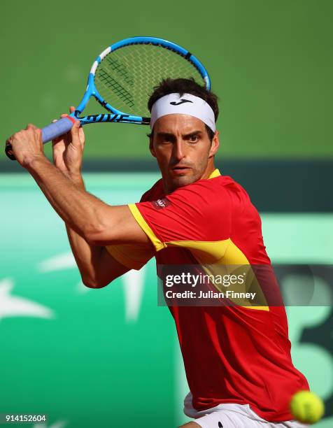 Albert Ramos-Vinolas of Spain in action in his match against Cameron Norrie of Great Britain during day three of the Davis Cup World Group first...