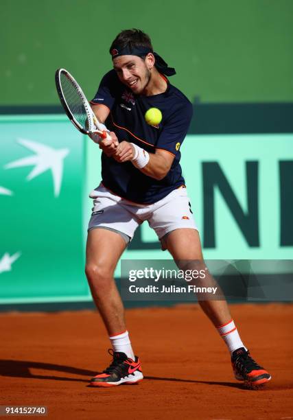 Cameron Norrie of Great Britain in action in his match against Albert Ramos-Vinolas of Spain during day three of the Davis Cup World Group first...