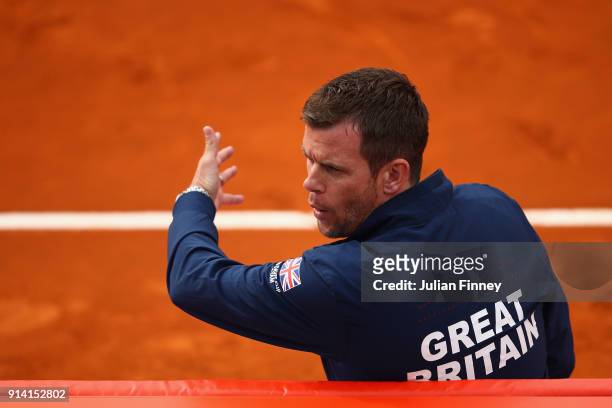 Captain Leon Smith supports Cameron Norrie of Great Britain in his match against Albert Ramos-Vinolas of Spain during day three of the Davis Cup...