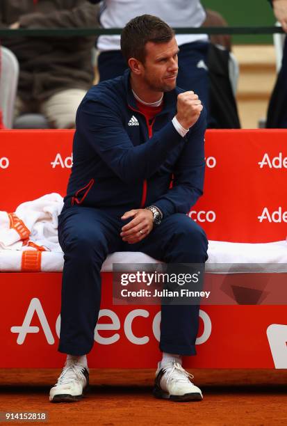 Captain Leon Smith supports Cameron Norrie of Great Britain in his match against Albert Ramos-Vinolas of Spain during day three of the Davis Cup...