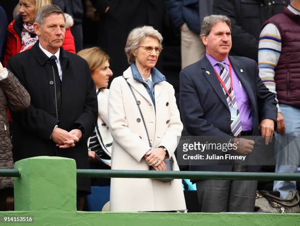 President Martin Corrie, Birgitte, Duchess of Gloucester and ITF president David Haggerty watch play during day three of the Davis Cup World Group...
