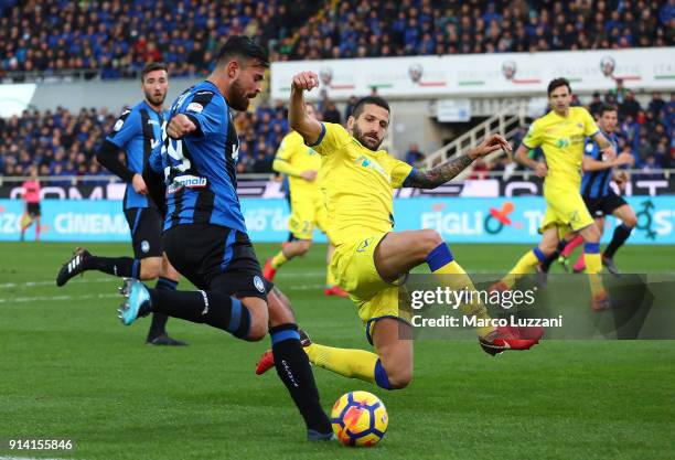 Andrea Petagna of Atalanta BC is challenged by Alessandro Gamberini of AC Chievo Verona during the serie A match between Atalanta BC and AC Chievo...