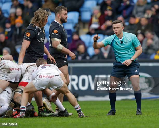 Referee Ben Breakspear during the Anglo-Welsh Cup match between Wasps and Leicester Tigers at Ricoh Arena on February 4, 2018 in Coventry, England.