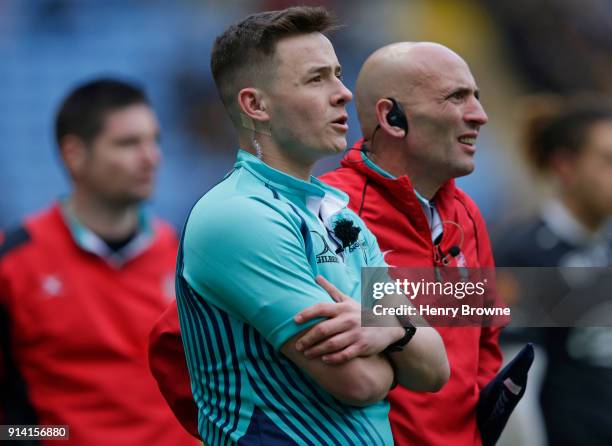 Referee Ben Breakspear during the Anglo-Welsh Cup match between Wasps and Leicester Tigers at Ricoh Arena on February 4, 2018 in Coventry, England.