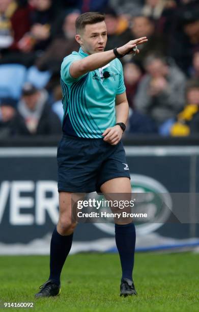 Referee Ben Breakspear during the Anglo-Welsh Cup match between Wasps and Leicester Tigers at Ricoh Arena on February 4, 2018 in Coventry, England.