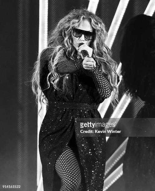 Recording artist Jennifer Lopez performs onstage during the 2018 DIRECTV NOW Super Saturday Night Concert at NOMADIC LIVE! at The Armory on February...