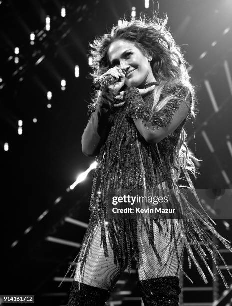 Recording artist Jennifer Lopez performs onstage during the 2018 DIRECTV NOW Super Saturday Night Concert at NOMADIC LIVE! at The Armory on February...