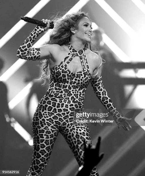 Recording artist Jennifer Lopez performs onstage during the 2018 DIRECTV NOW Super Saturday Night Concert at NOMADIC LIVE! at The Armory on February...