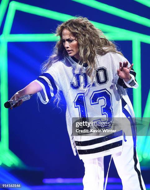 Recording artist Jennifer Lopez performs onstage during the 2018 DIRECTV NOW Super Saturday Night Concert at NOMADIC LIVE! at The Armory on February...