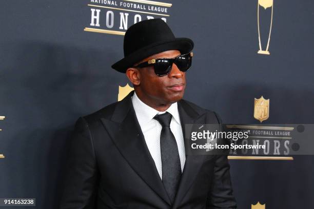 Deion Sanders poses for photographs on the Red Carpet at NFL Honors during Super Bowl LII week on February 3 at Northrop at the University of...