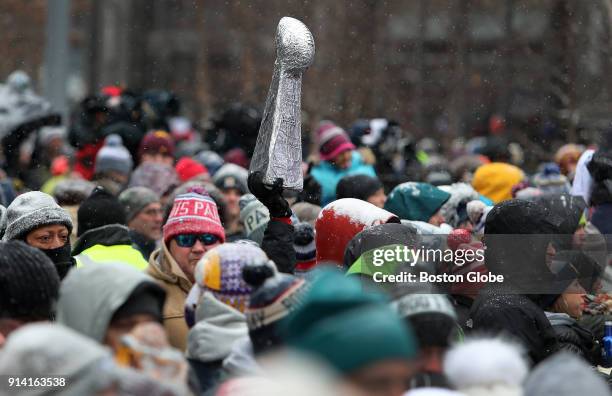 Homemade replica of the Lombardi Trophy was in the snowy crowd during a Patriots Super Bowl Rally in Minneapolis, MN on Feb. 03, 2018.