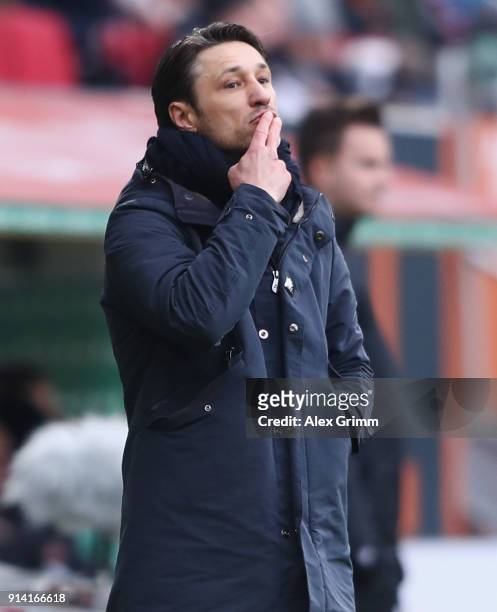 Head coach Niko Kovac of Frankfurt reacts during the Bundesliga match between FC Augsburg and Eintracht Frankfurt at WWK-Arena on February 4, 2018 in...