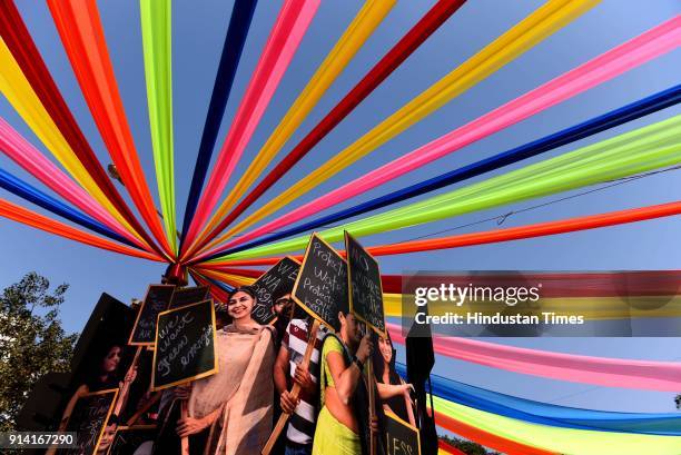 People enjoy Installations at Kala Ghoda Arts Festival 2018, on February 3, 2018 in Mumbai, India. The art extravaganza explodes with a riot of...