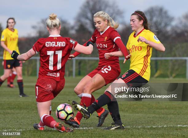 Alex Greenwood and Bethany England of Liverpool Ladies and Rebecca McShane of Watford Ladies in action during the SSE Women's FA Cup match between...