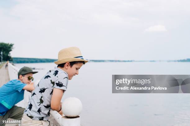 two boys watching river, travelling together - alexandra pavlova foto e immagini stock