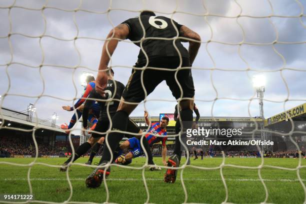 Ciaran Clark of Newcastle United blocks a late effort from James McArthur of Crystal Palace during the Premier League match between Crystal Palace...