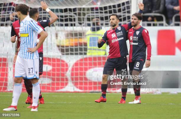 Marco Sau of Cagliari celebrates his goal 2-0 during the serie A match between Cagliari Calcio and Spal at Stadio Sant'Elia on February 4, 2018 in...