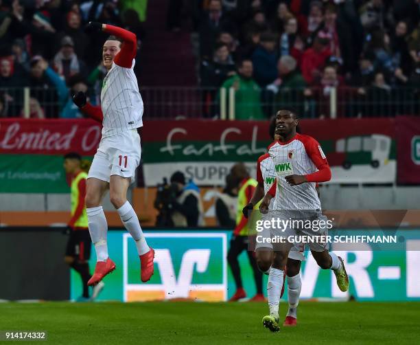 Augsburg's Austrian forward Michael Gregoritsch celebrates his goal during the German first division Bundesliga football match 1 FC Augsburg vs...