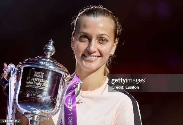 Petra Kvitova of Czech Republic poses with her trophy after St. Petersburg Ladies Trophy 2018 final tennis match against Kristina Mladenovic of...